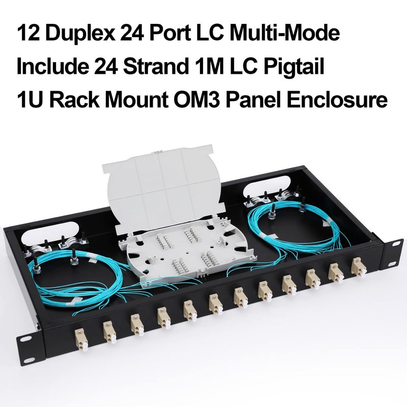 GESD LC-OM3 12 Duplex 24 Port Fiber Enclosure Rack Mount Fiber Box MultiMode LC-UPC Kit 1 RU Fits 19" Racks Cabinet (Include 2Pcs Splice Trays 48 Strand OM3 Pigtail 1M Cables Spool+LGX Loaded Patch Panel - Image 2